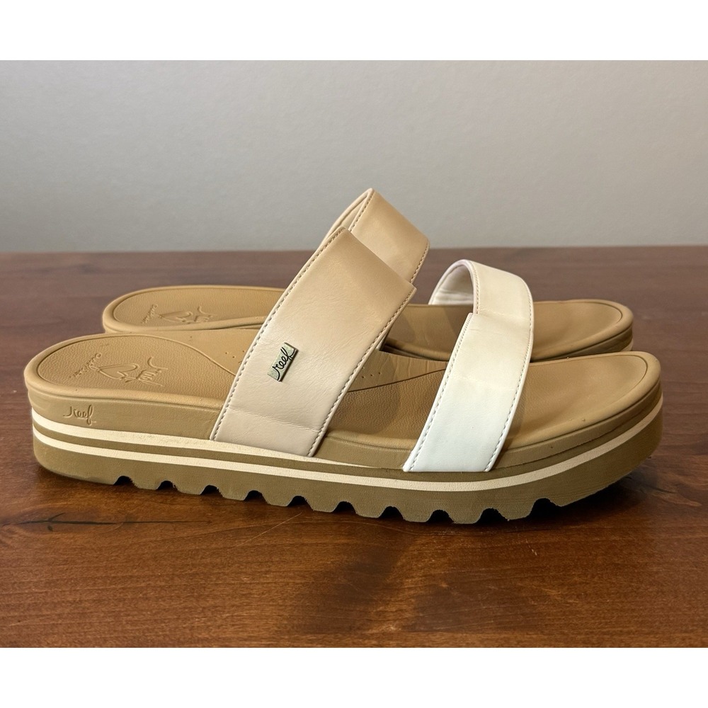 REEF WOMENS BANDED HORIZON LEATHER PLATFORM LIGHTWEIGHT SLIDE SANDAL Sz 11